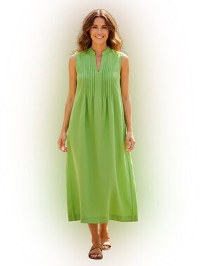 J. Jill Green Linen Pintuck Pleated Sleeveless Maxi Dress Size Small Coastal